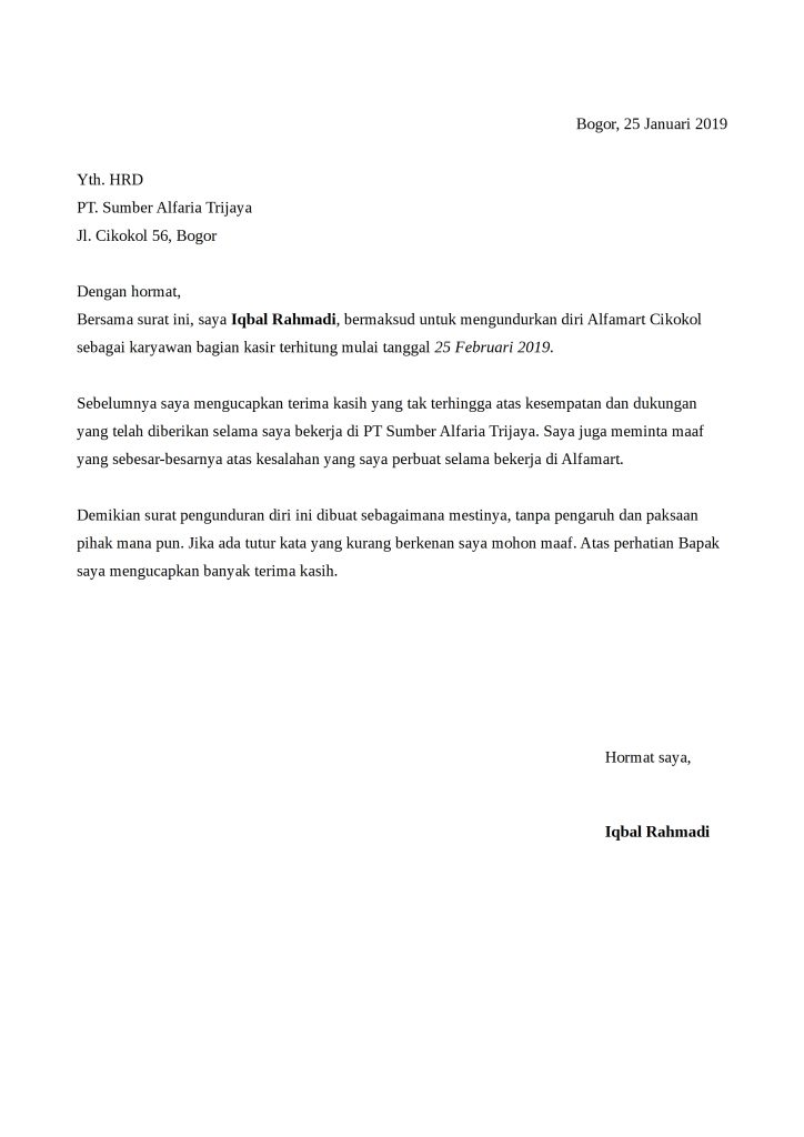 contoh surat resign alfamart
