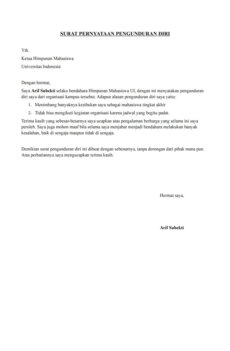 surat pengunduran diri organisasi himpunan mahasiswa