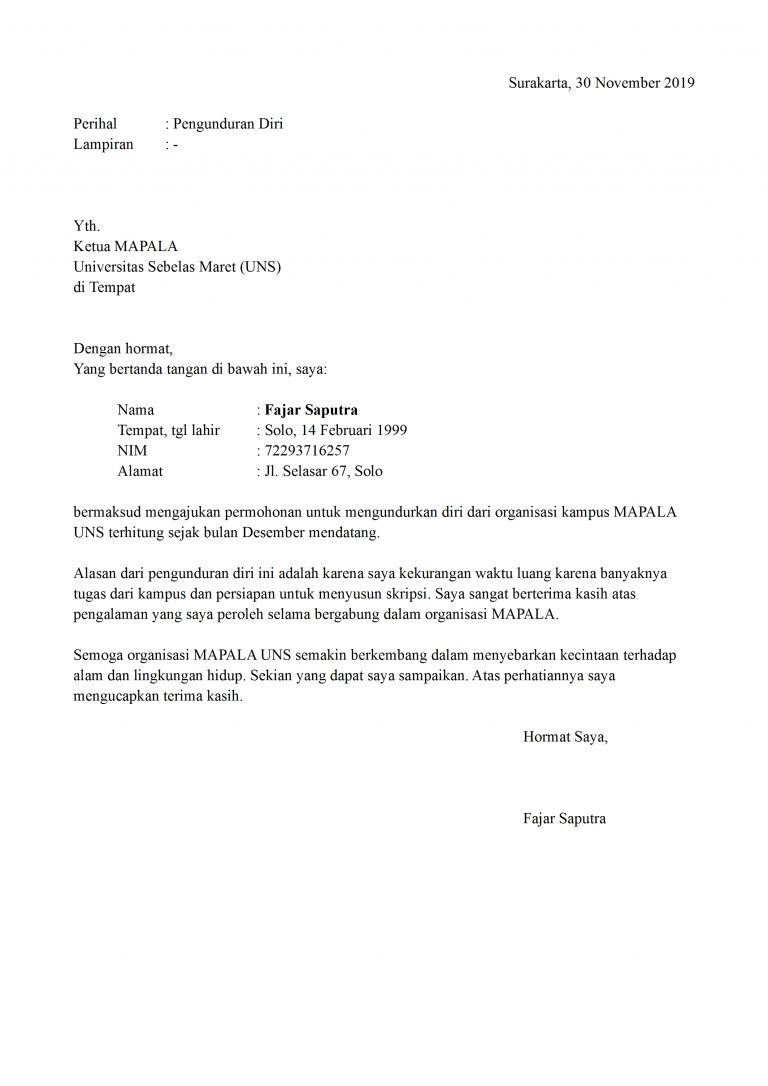 surat pengunduran diri organisasi kampus mapala