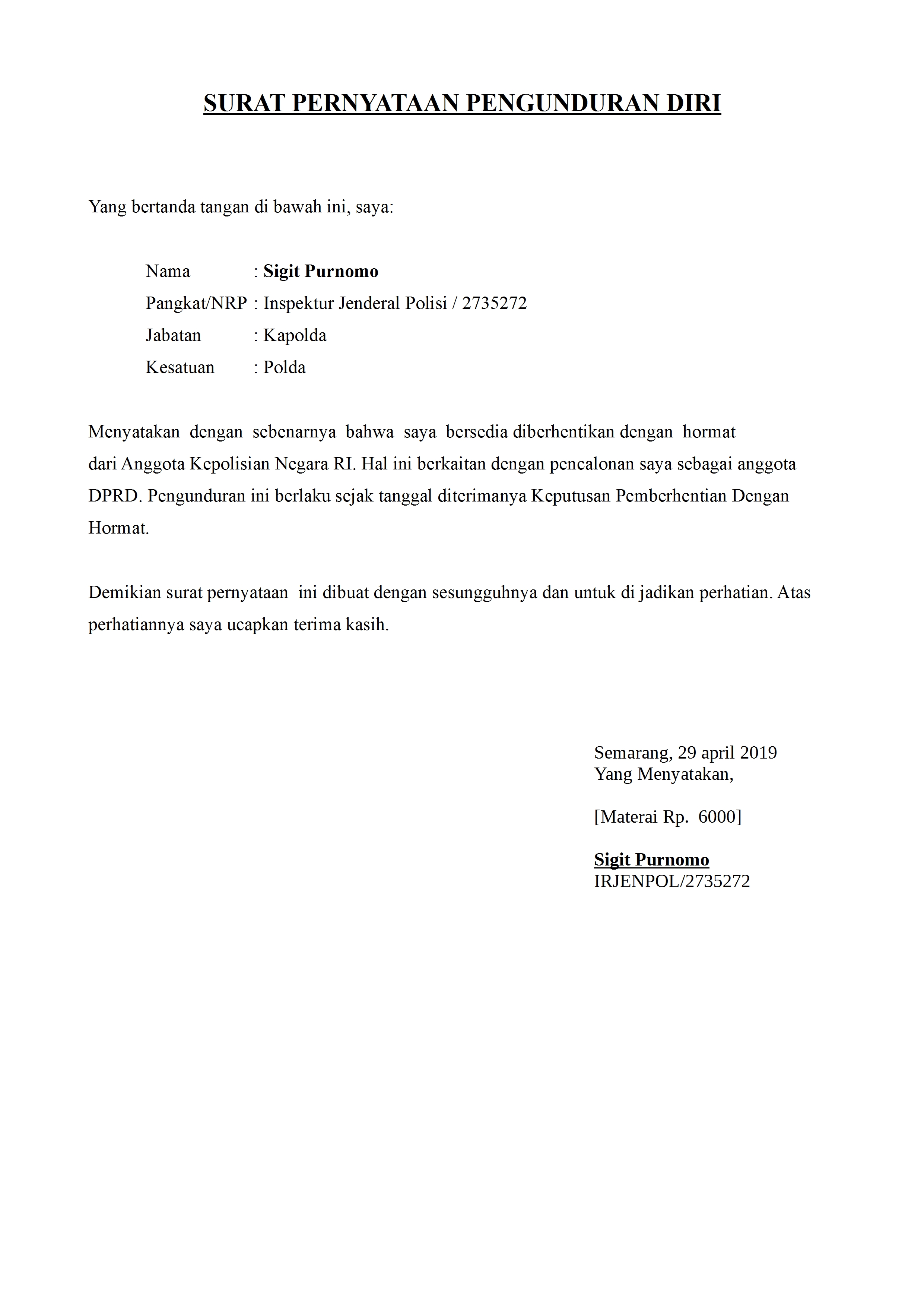 Contoh Surat Pengunduran Diri Anggota Polisi Dan TNI ...