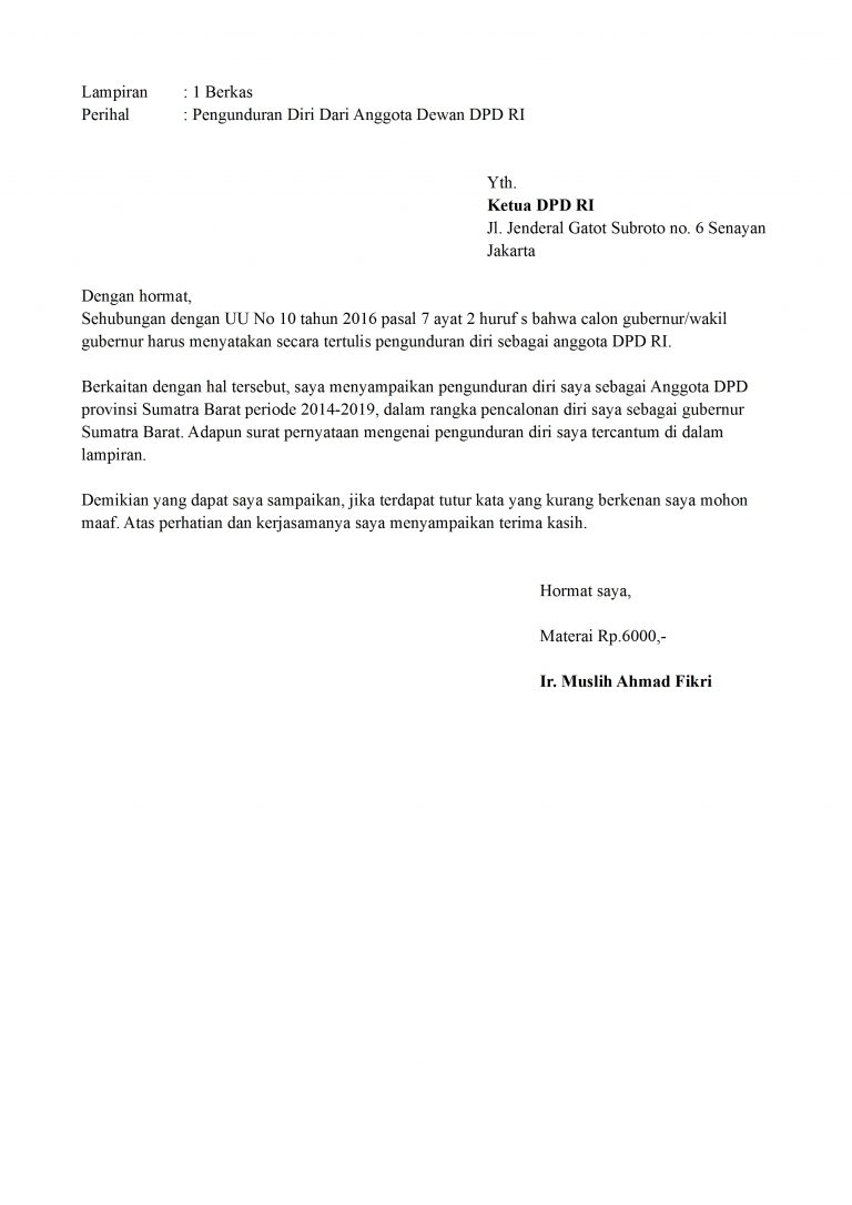 surat pengunduran diri anggota dpd