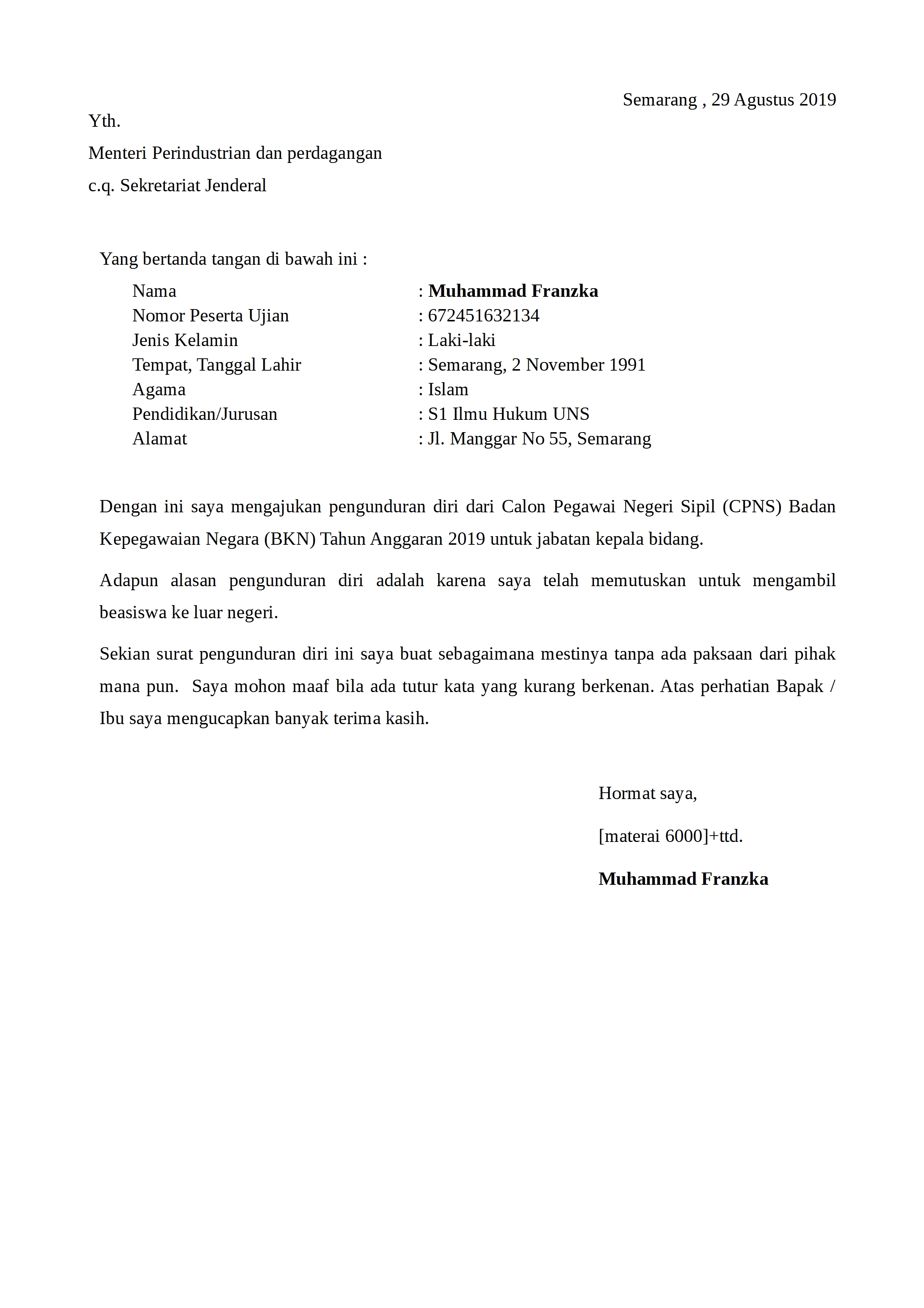 Contoh Surat Pengunduran Diri Dari Jabatan Struktural Pns ...