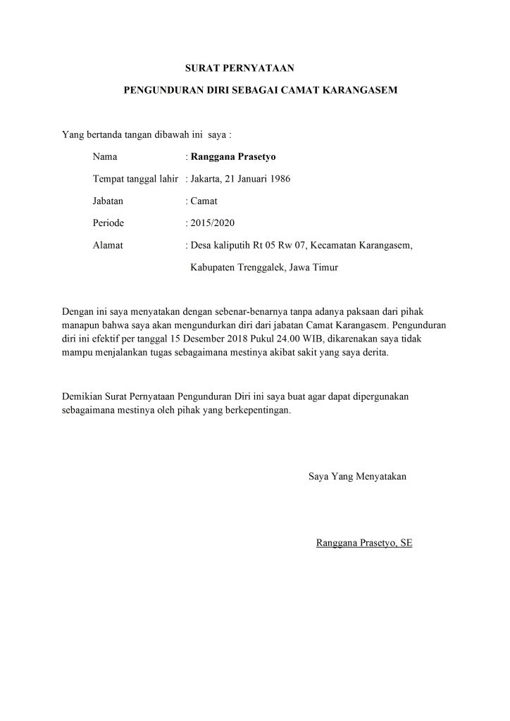 surat pengunduran diri dari jabatan camat