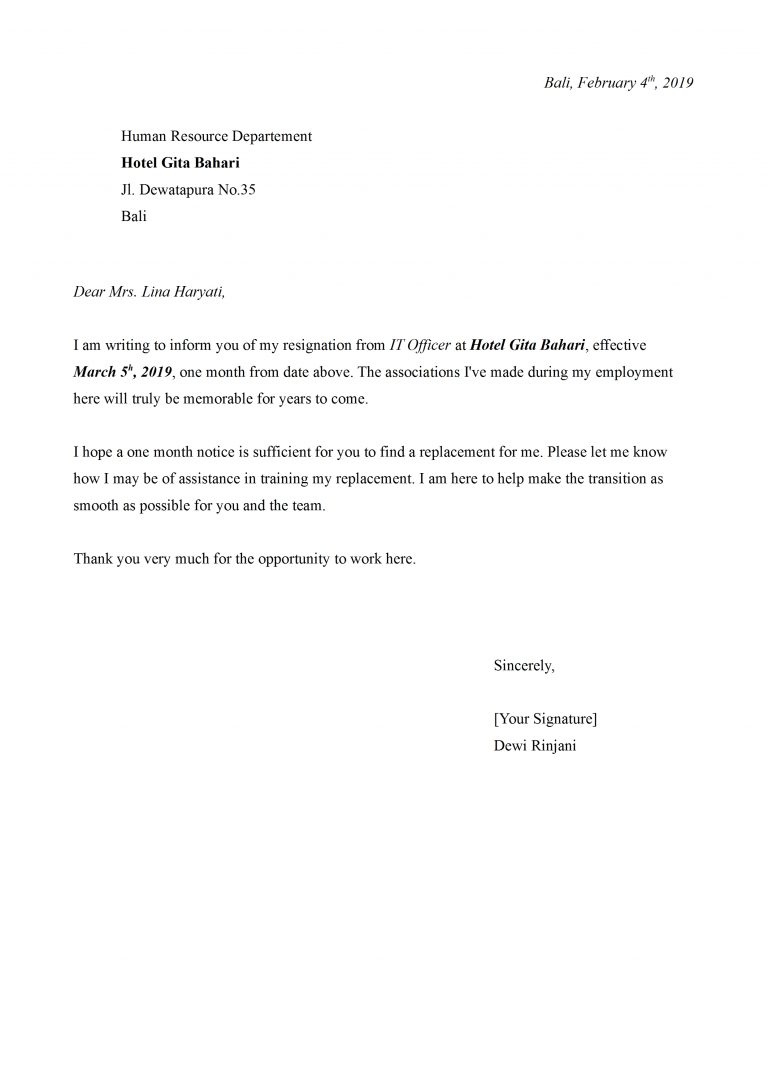 surat resign hotel bahasa inggris dan artinya