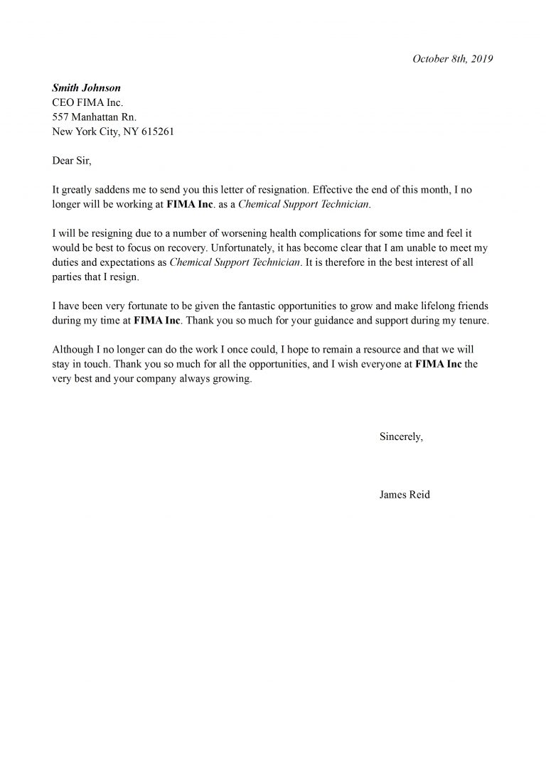 surat resign karena sakit bahasa inggris dan artinya